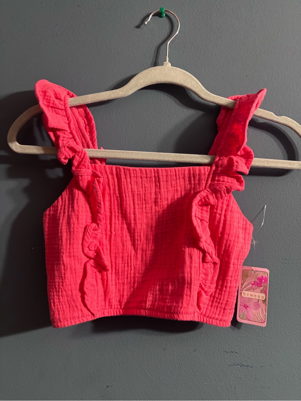 btween Hot Pink Ruffle Strap Crop Top